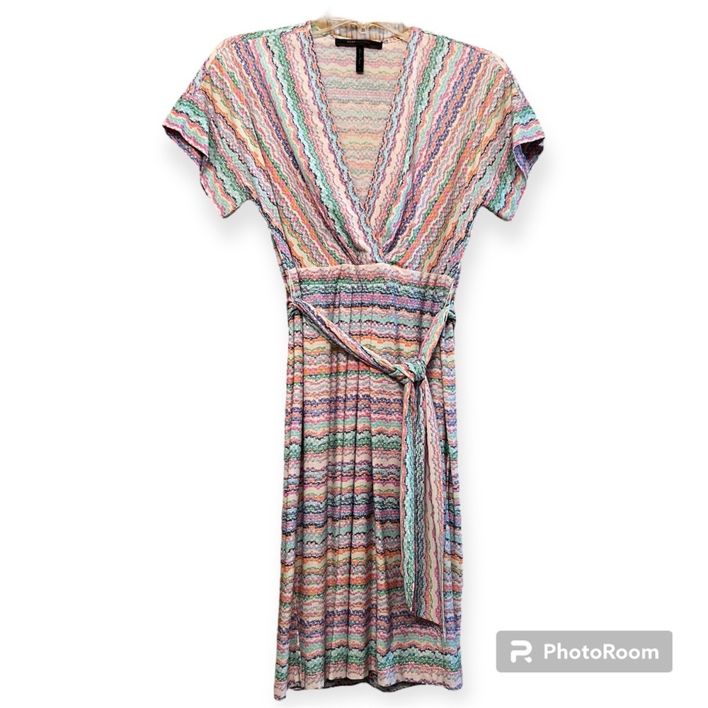 Multicolor Faux Wrap Dress with Tie and V-Neck